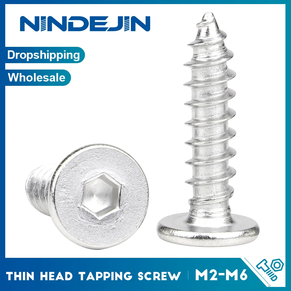 10-50pcs Hex Socket Ultra Thin Flat Head Self Tapping Screw M2 M2.6 M3 M4 M5 M6 M8 Stainless Steel Large Flat Head Wood Screw