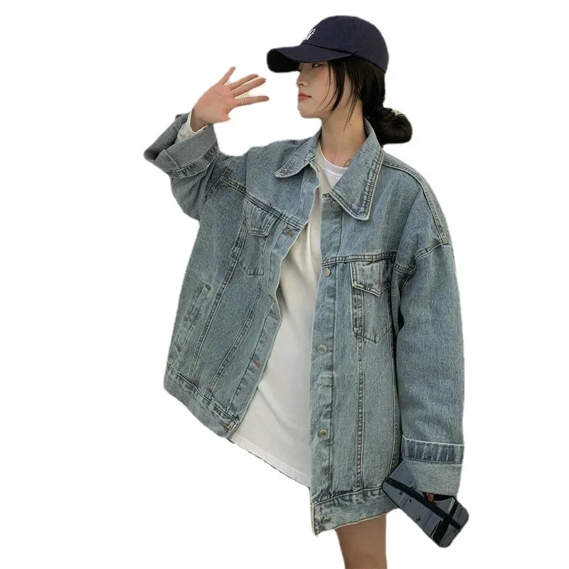 Denim Jacket for Women 2024 Loose Single Breasted Turn Down Collar Long Sleeve Jacket Casual Vintage Female Loose BF Jean Coat