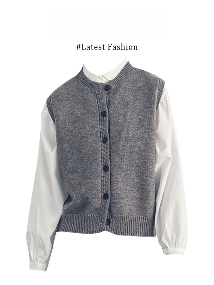 

Korean Style Knitted Cardigan Vest Set Early Autumn Fashionable Shirt Top Long Sleeve Loose Fit Polyester Fiber Pure Color