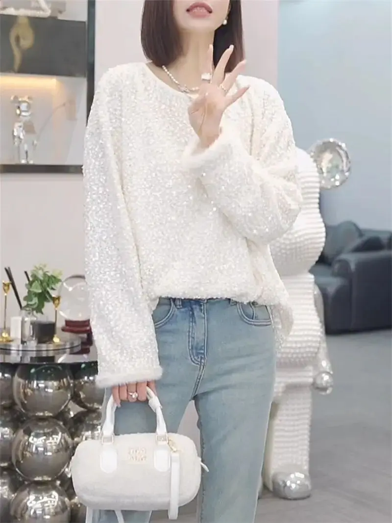 Fashion Sequined Round Neck Solid Color Long Sleeved T-shirt Autumn for Women Winter of Versatile and Slimming Simple Base Shirt