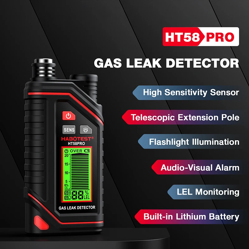 HT58Pro Rechargeable Natural Gas Detector LCD Display Gas Leak Detector Sound & Light Alarm with 11.5-inch Extendable Probe