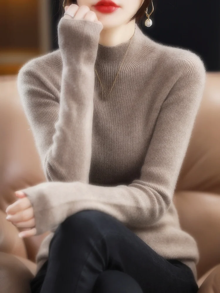 

Женский вязаный шерстяной свитер с высоким воротником, длинный свеч, облегающий базовый слой, длинный свек, шерстяной трикотаж, топ