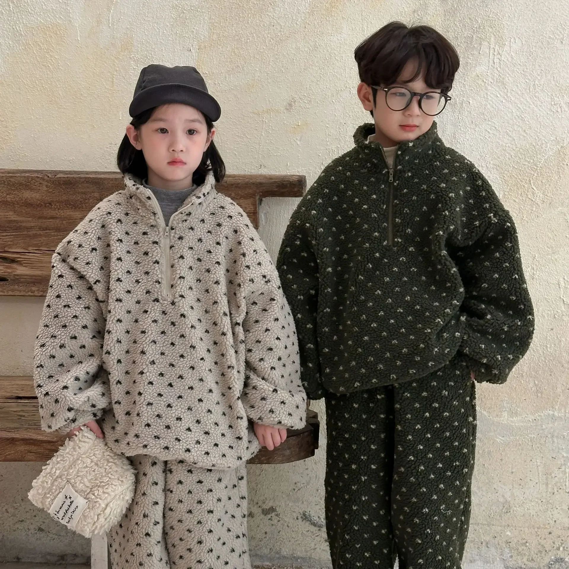 2024 Winter Korean Zipper Loose Polar Fleece Children's Set