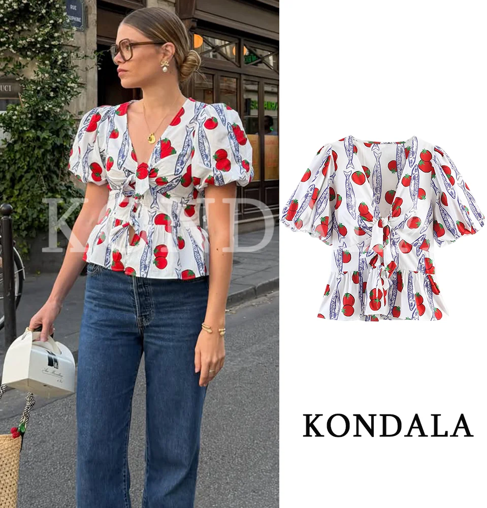 

KONDALA Women Holiday Casual Printed Shirt Puff Short Sleeve Bow Lace-up Shirts 2026 Summer Trendy Female Elegant Pleated Shirts