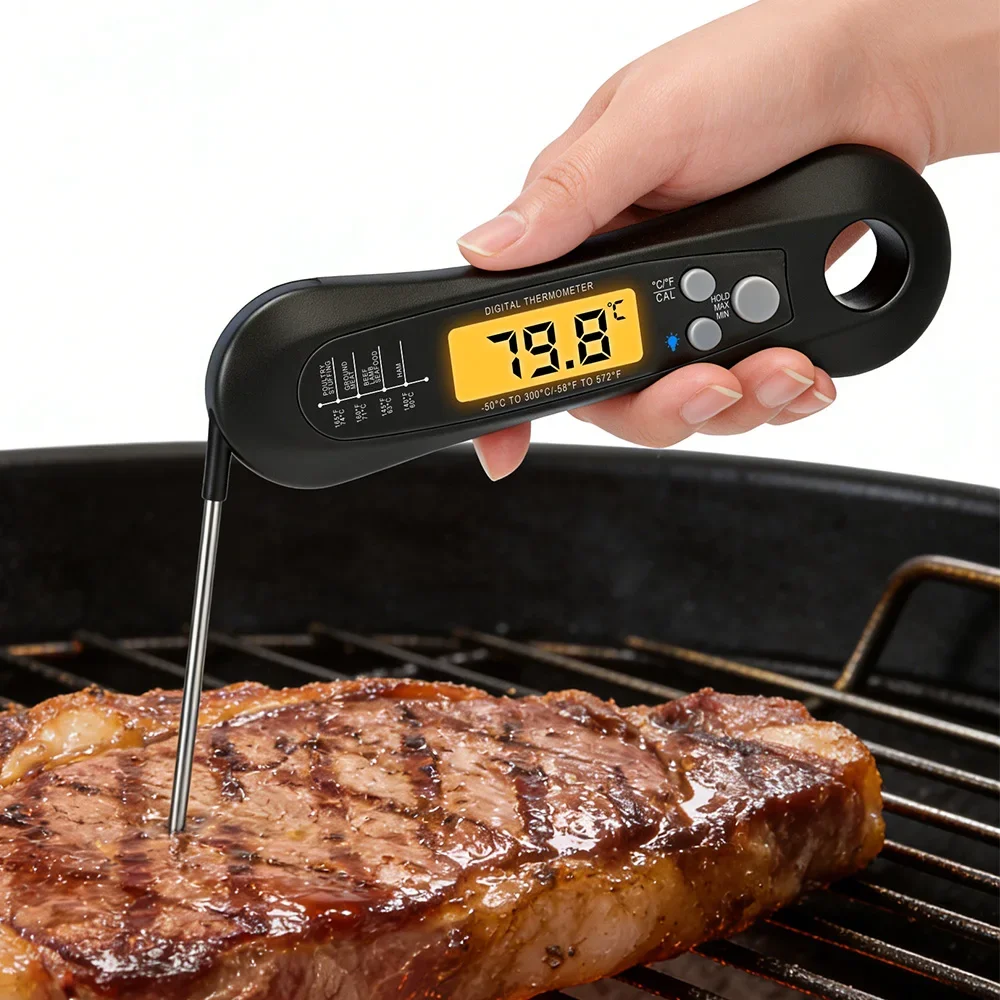 High Accuracy Digital Food Thermometer, ±1°C Precise Reading with Foldable Probe LED Display For Grilling Cooking Kitchen BBQ