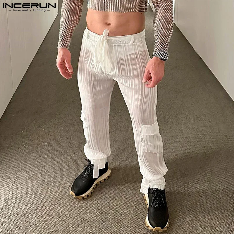 INCERUN Men Pants Mesh Transparent Lace Up Joggers Sexy Striped Casual Trousers Men Streetwear Loose Fashion Long Pants S-5XL