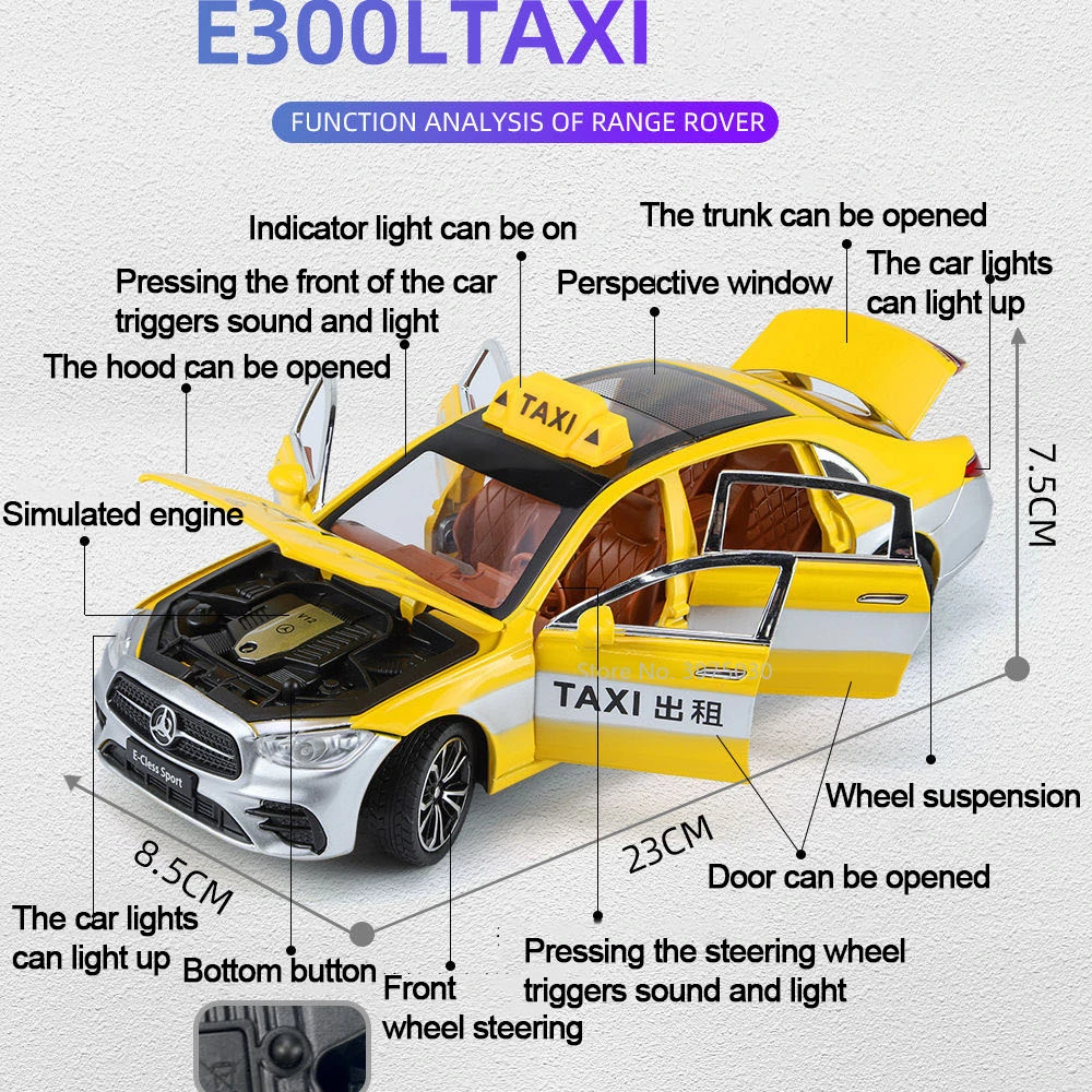 1:24 Benz E300L Taxi Cars Models Toys High Simulation Alloy Miniature Vehicles Sound Light Pull Back Collection Kids Gifts