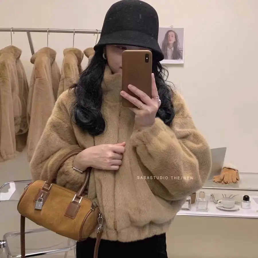 New Women's Faux Fur Coat Stand Collar Full Zipper Short Style Thickened Warm Loose Comfortable Versatile Casual Daily Wear Coat