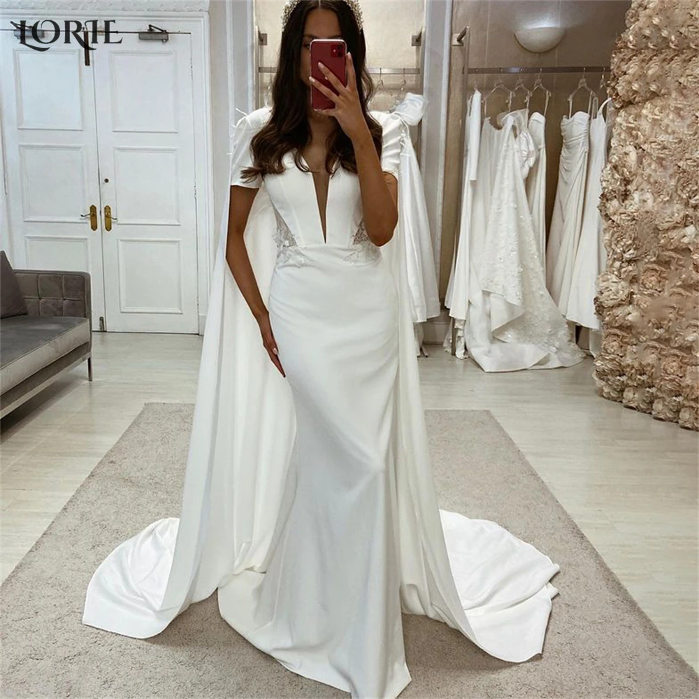 

LORIE Elastic Satin Mermaid Wedding Dresses Deep V-Neck Vintage Lace Bridal Gowns With Cape 2023 Bride Dress vestidos de novia