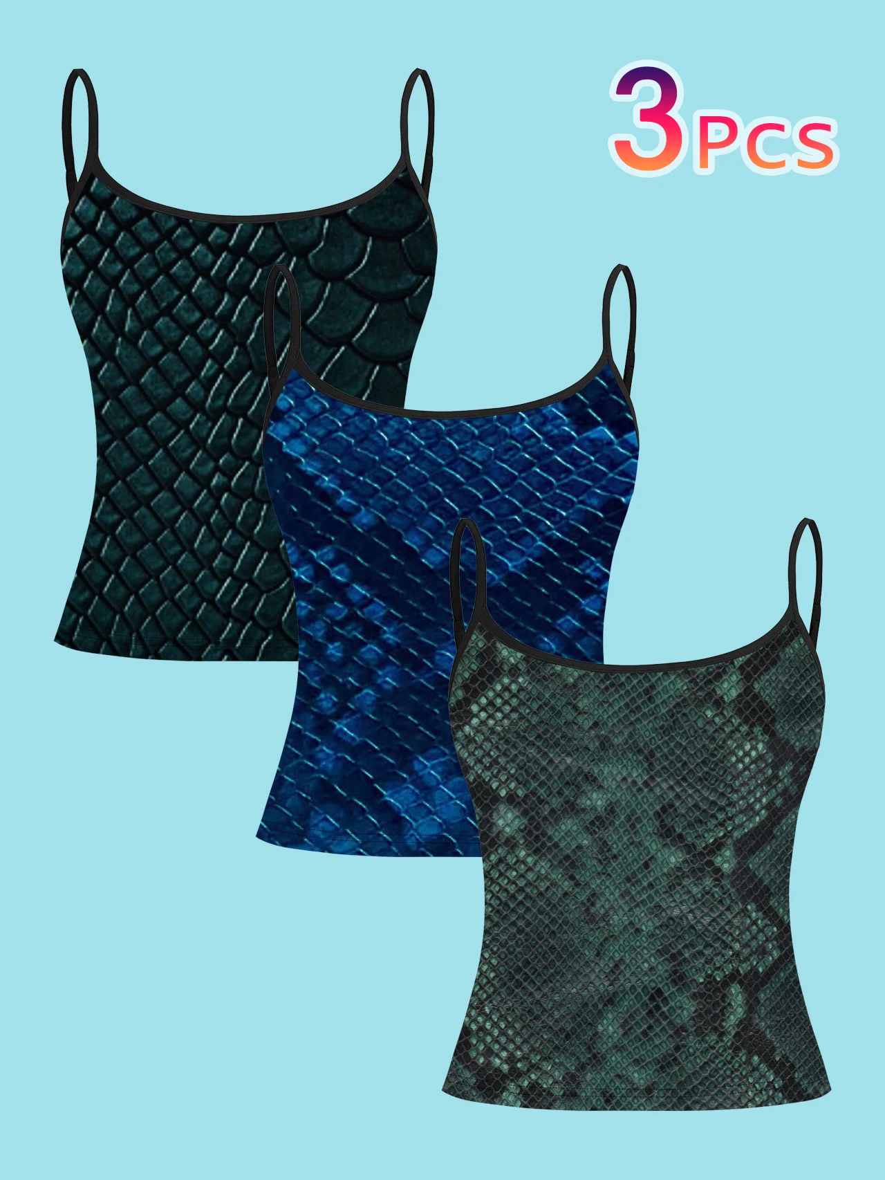 3-Pack Dark Green and Dark Blue Snake Skin Print Thin Camisole Tank Tops, Dark Python Scale Pattern Slim Fit Sleeveless Tops, Y2K Cool and Understated Inner Wear and Outerwear Base Layer Shirts