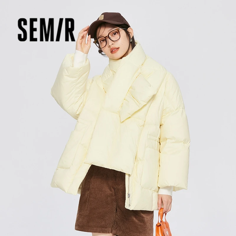 Semir Down Jacket Women Mid-Length Waisted Simple 2023 Winter New Three-Proof Silhouette with Down Scarf Jacket