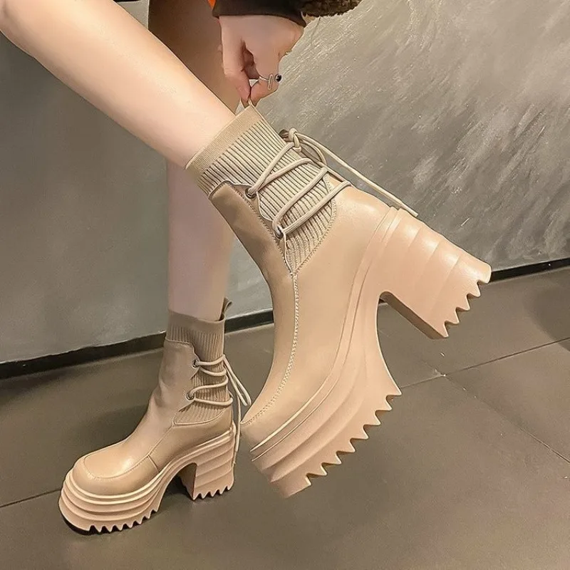 2024 New Women\'s Ankle Boots Fashion Chunky Ultra High Heels Solid Color Shoes Women Knitted Lace-up Short Boots Autumn Winter