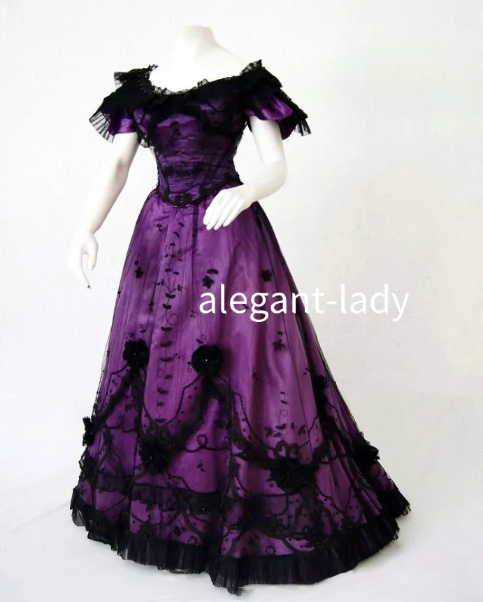 

Purple Gothic Victorian Prom Dress Vintage Round Neck Lace Applique Short Sleeve A Line Formal Occasion Renaissance EveningDress