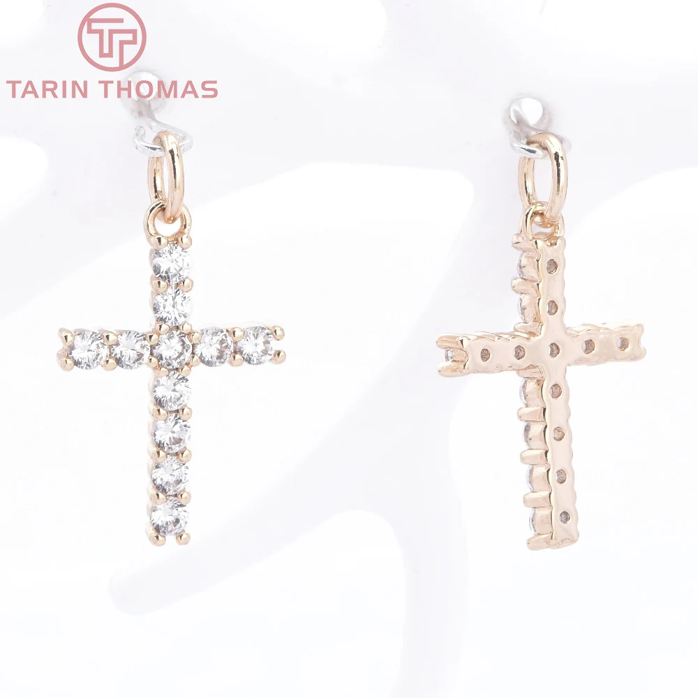 (9470) 4PCS 12x18.5MM 24K Gold Color Brass with Zircon Cross Charms Pendants High Quality DIY Jewelry Making Findings Wholesale
