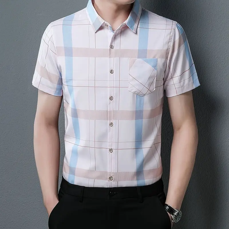 Short Sleeve New in Shirt Men's Clothes Summer Thin Ice Silk Turn-down Collar Tees Pockets Button Fashion Casual Vintage Tops