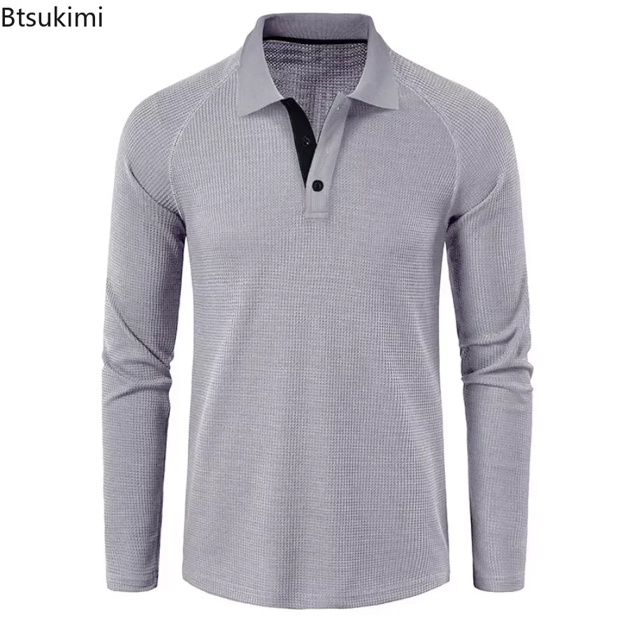 2024 Men's Long Sleeve Polo Shirts Waffle Casual T-shirts Formal Business Golf Man Breathable Tops Solid Versatile Tees for Men