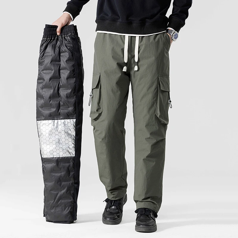 PFHQ Winter Men's Pants White Duck Down Padded Multi-Pockets Straight Cargo Pants Windproof And Waterproof Thick Warm Trousers