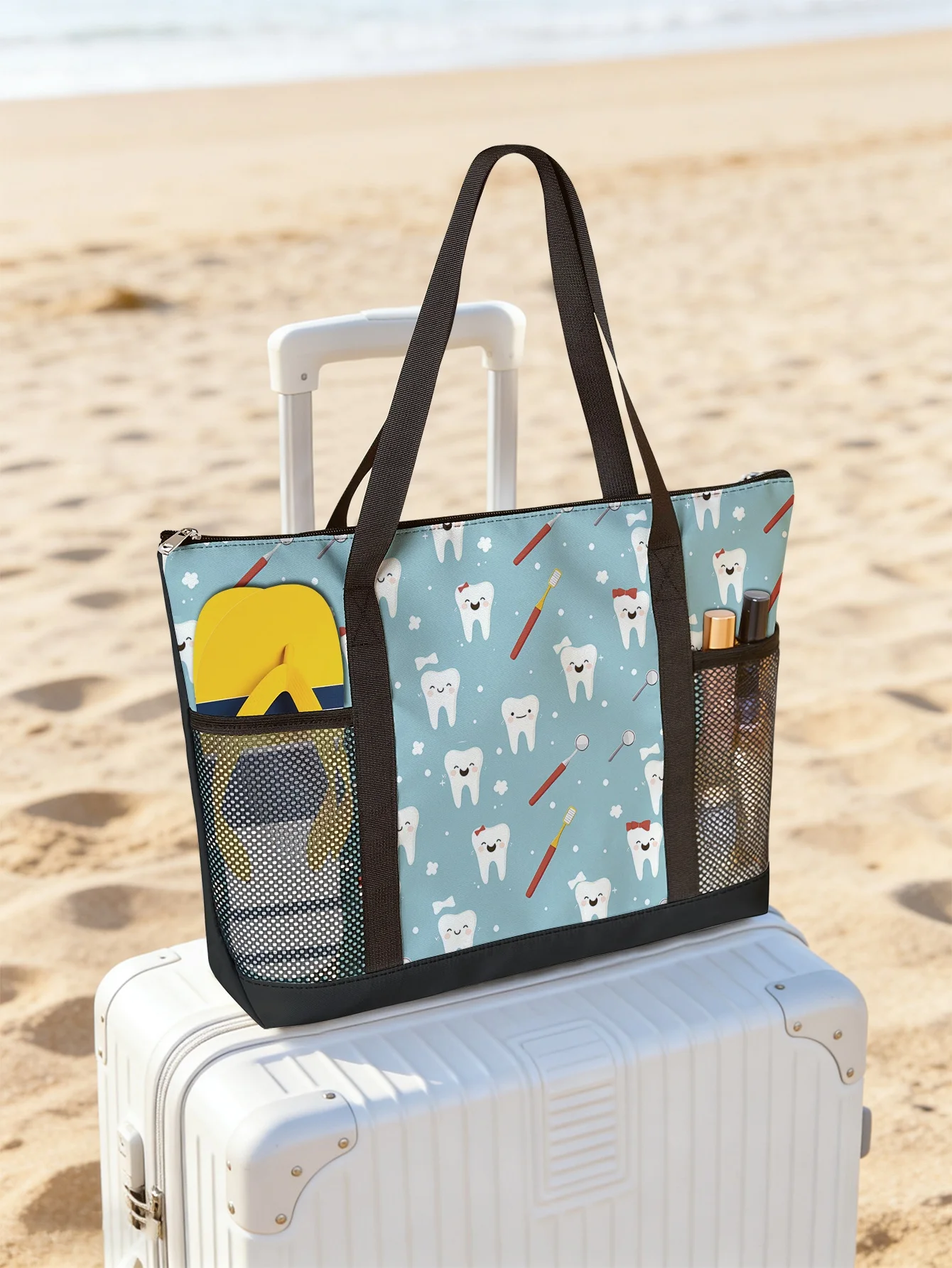 

Сумка с принтом зубов, вместительная женская пляжная сумка, водонепроницаемая дорожная сумка через плечо с сетчатыми карманами