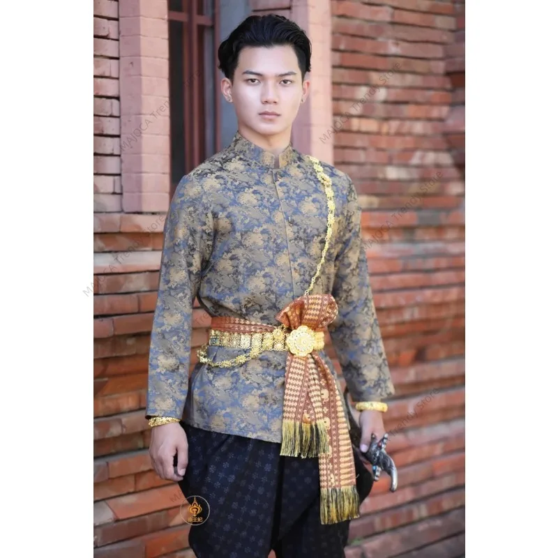 Traditional Thailand Clothing for Men Tops Pants Sets Spring Autumn Palace Retro Photography Photos Thai Costume Work Clothes