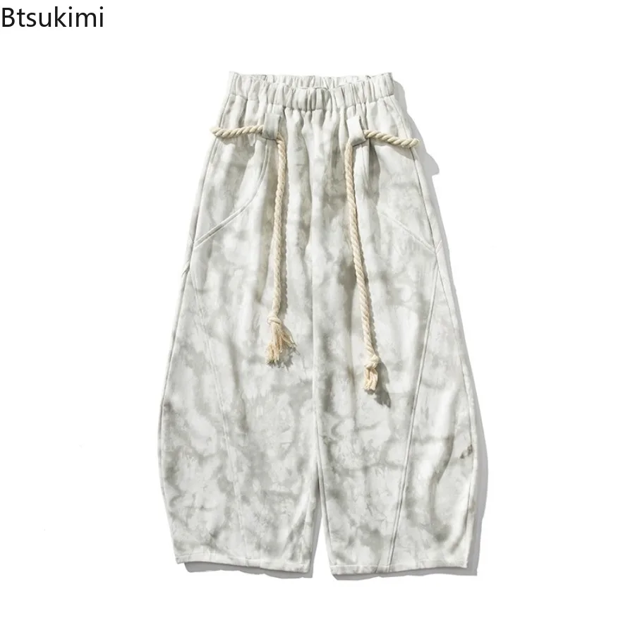 2025 Autumn Winter New Men's Plus Size Wide Leg Pants Japanese Hong Kong Style Tie Dye Casual Sweatpants Curved Knife Trousers