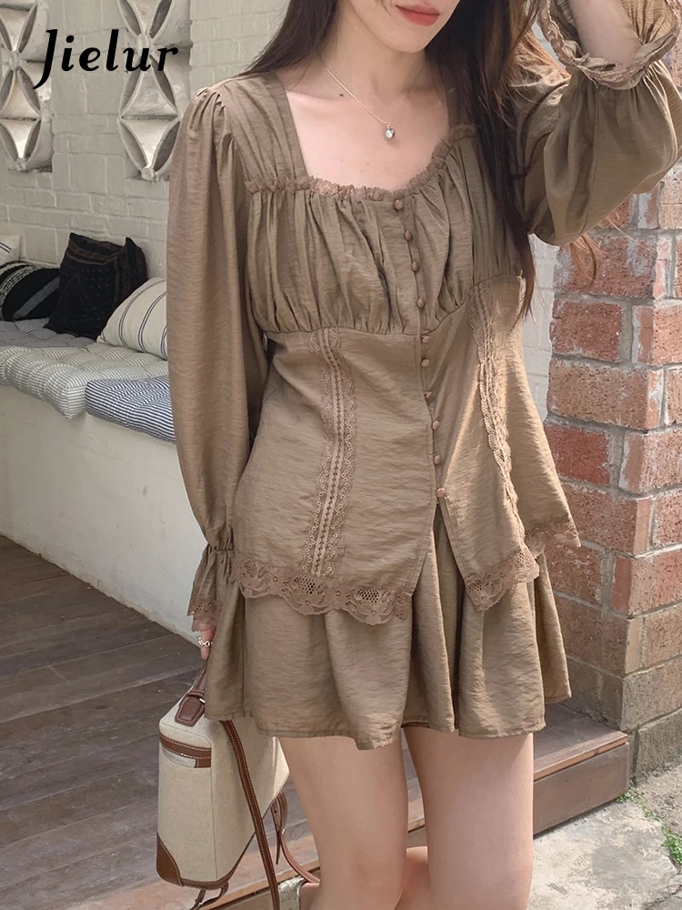 Summer New Solid Color Ladies Women Dress Set Slim Casual Loose Lace Dress Set Fashionable Street Coffee Color Matching Set