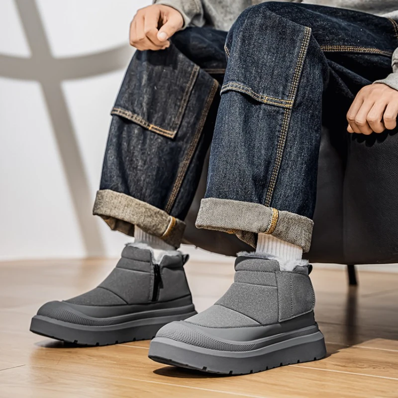 

Мужские теплые однотонные простые короткие плюшевые кожаные ботинки до середины икры разных цветов на выбор, осенне-зимние зимние ботинки на плоской подошве