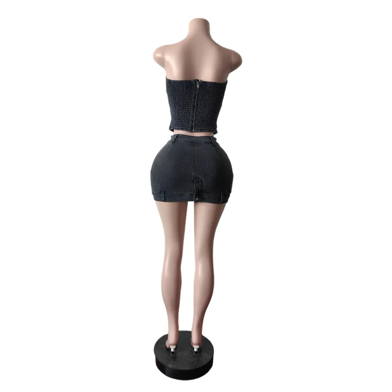 2026 Sommer Neu Heiß begehrtes trägerloses Bodycon Stretch-Jeans-Minirock-Set – Elegante Damen-Denim-Zweiteiler-Outfits – Detail 7