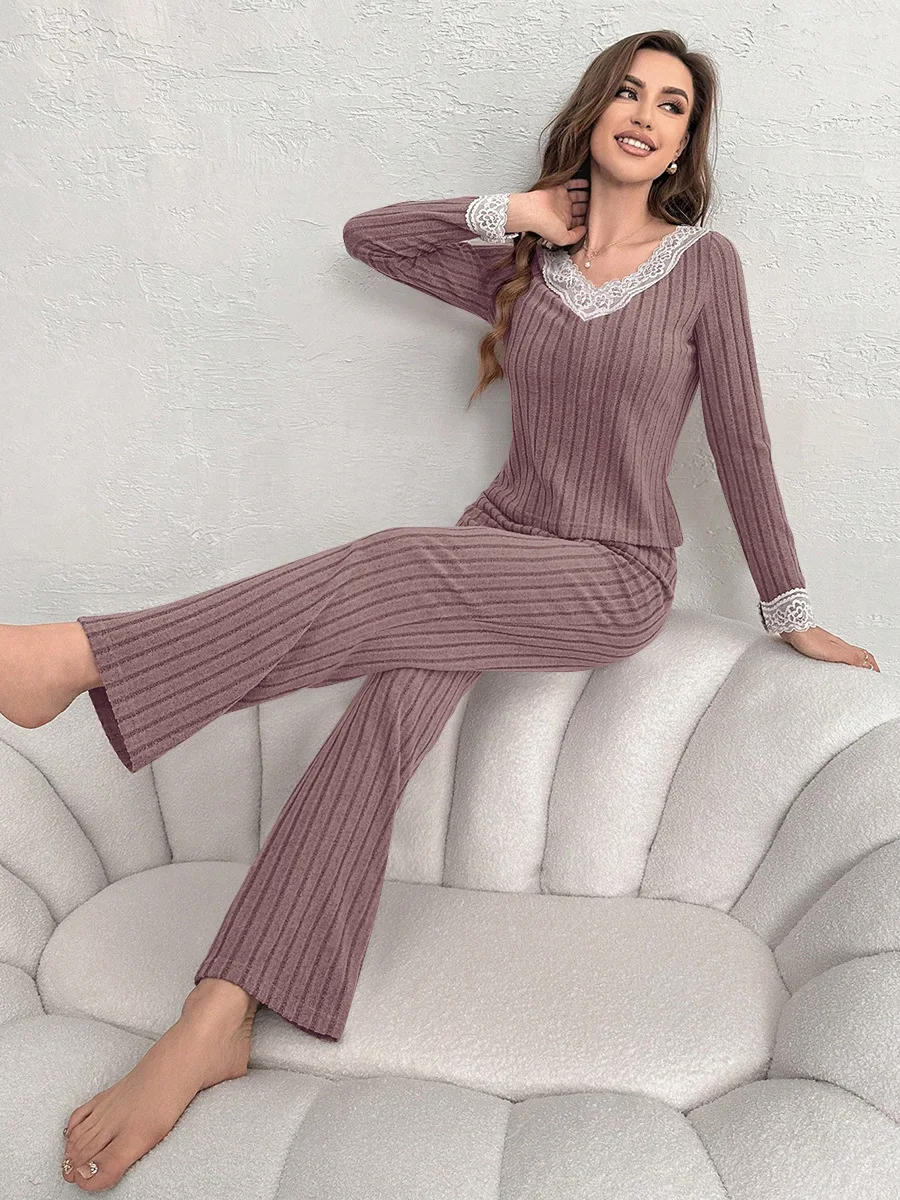 Women\'s Pajama Set Solid Pit Strip Sleepwear Lace V-neck Long Sleeves Tops Trousers Suit Elegant Casual Home Loungewear Nighties