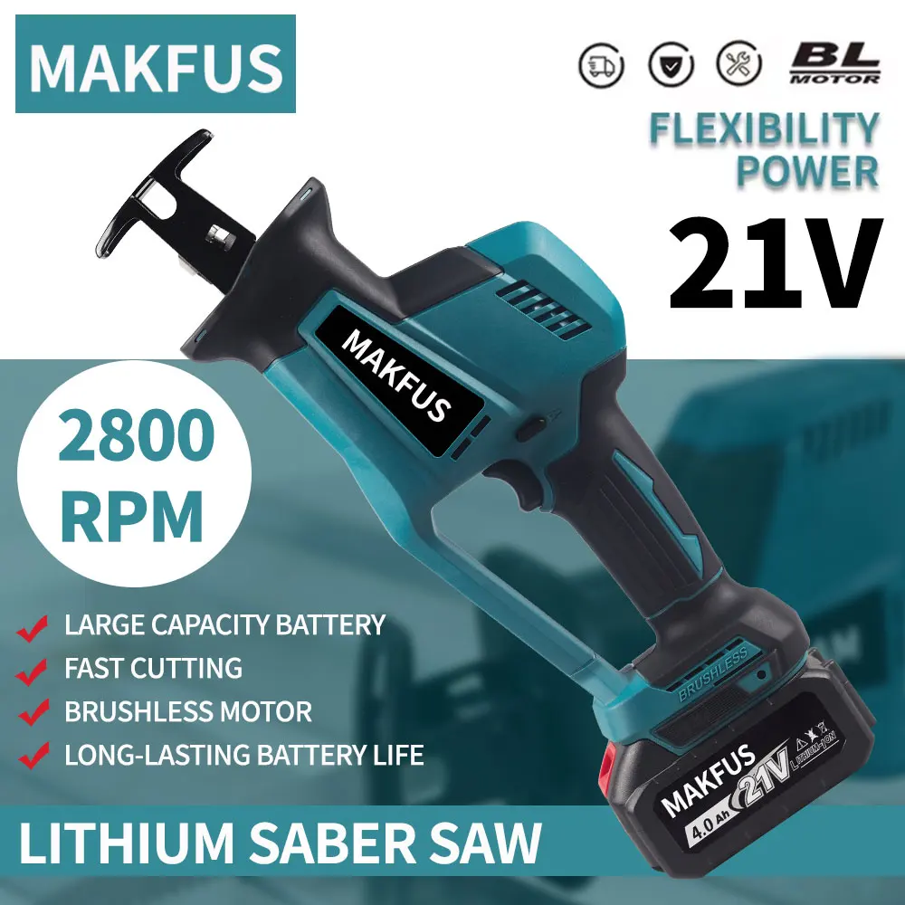 MAKFUS cordless electric reciprocating saw, brushless wood metal cutting saw with 4 saw blades, compatible with Makita battery