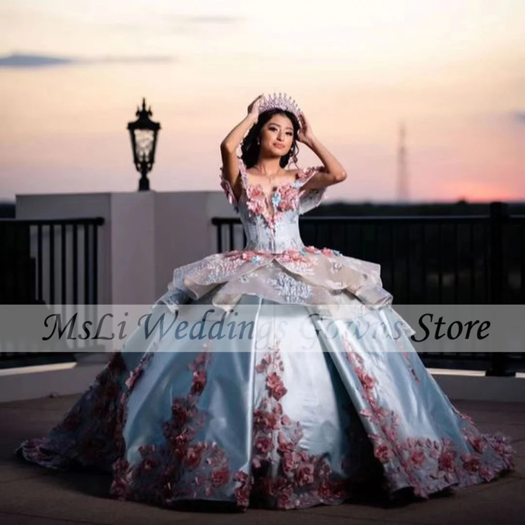 Gorgeous Blue Quinceanera Dress Off The Shoulder Appliques 3D Flowers Young Girl Ball Gowns Birthday Party Prom Dresses