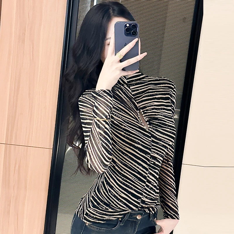 MadBlack-Women's European T-Shirt, Sexy Mock Neck Striped Hollow-out, Clubwear Long Sleeve Slim S-3XL Tee, 2025 Autumn T5O515CC