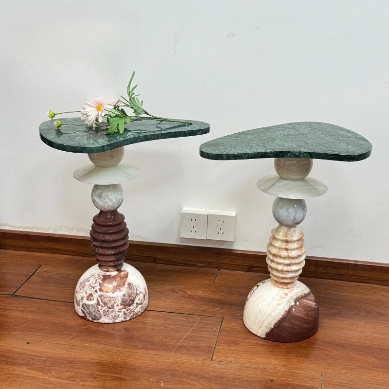 

French Vintage Mid-Century Natural Marble Side Table Designer Soft Furnishing for Model Home & Large Apartment Sofa