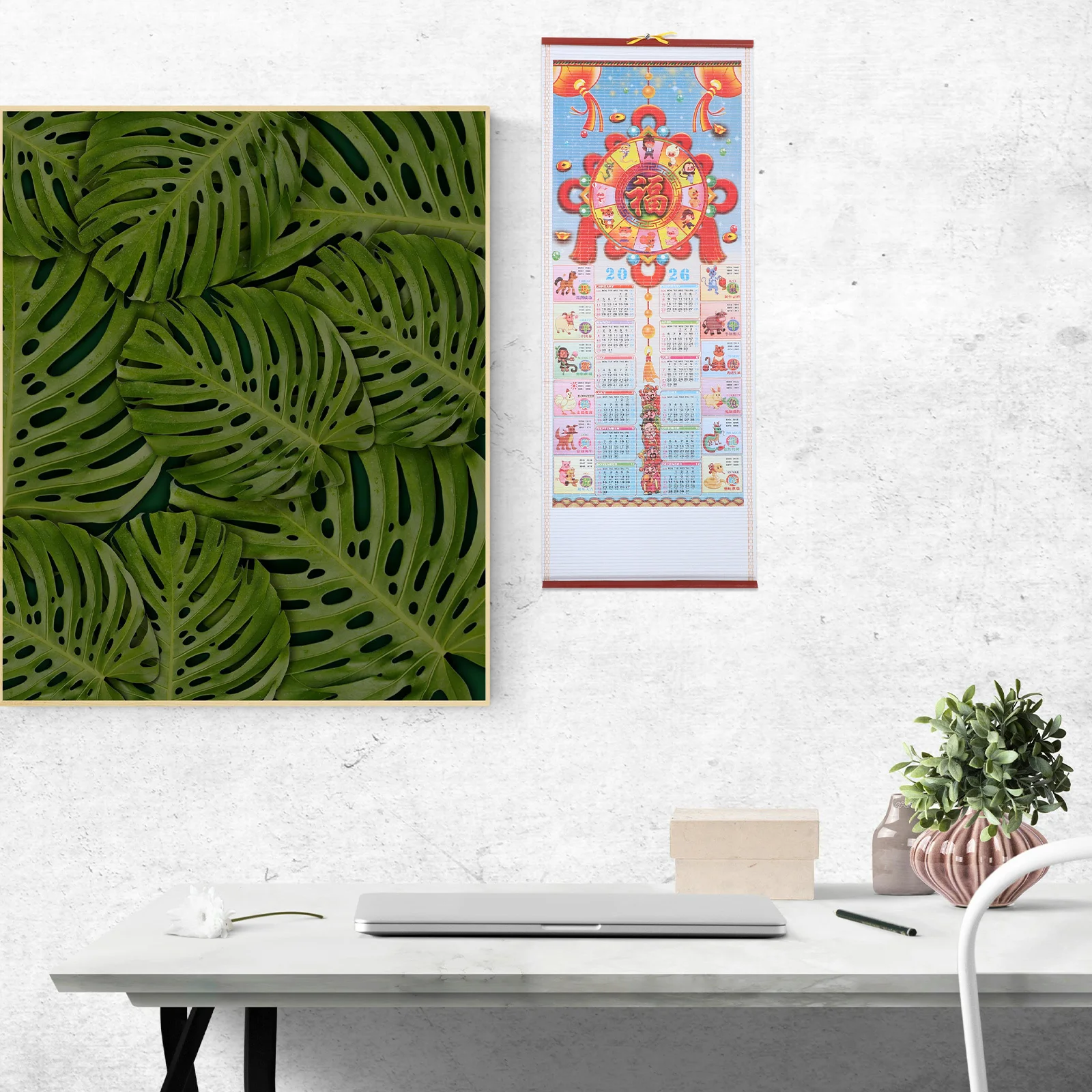 2Pcs 2026 Chinese Zodiac Hanging Wall Calendar Horse Year Faux Rattan Scroll Traditional Lunar New Year Decorative Planner