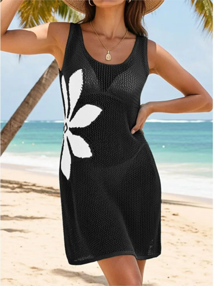 Robe de plage en tricot pour femmes, Sexy, ajourée, col rond, sans manches, Cover-Up pour Bikini, robe de vacances, été, 2026