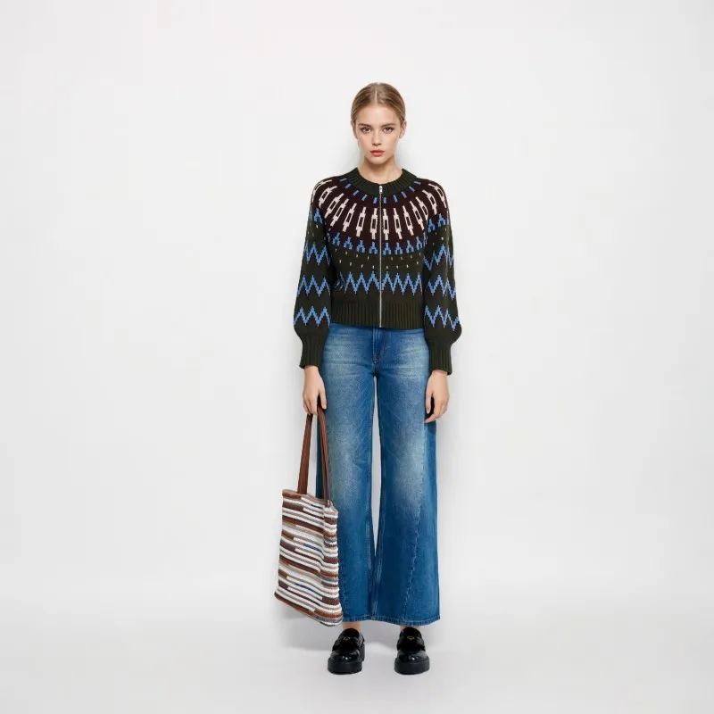 

Leisure Commuting Colorful Dot Wool Snowflake Sweater Round Neck Long Sleeved Zipper Knitted Cardigan Women's Clothing
