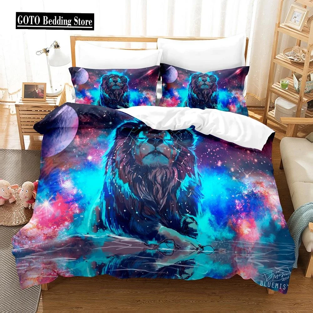 

3D Lion Print Duvet Cover Sets King Size Animal Bedding Set Starry Galaxy Comforter Cover Microfiber Quilt Cover +Pillow Shams