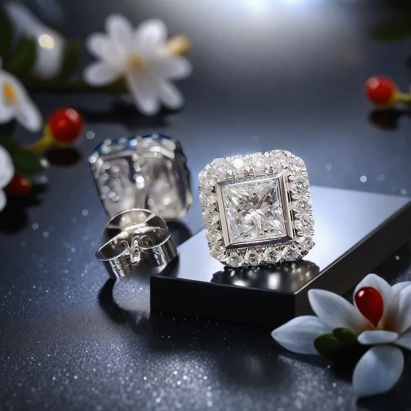Cross-border European and American earrings, classic women's geometric square diamond zircon stud earrings temu