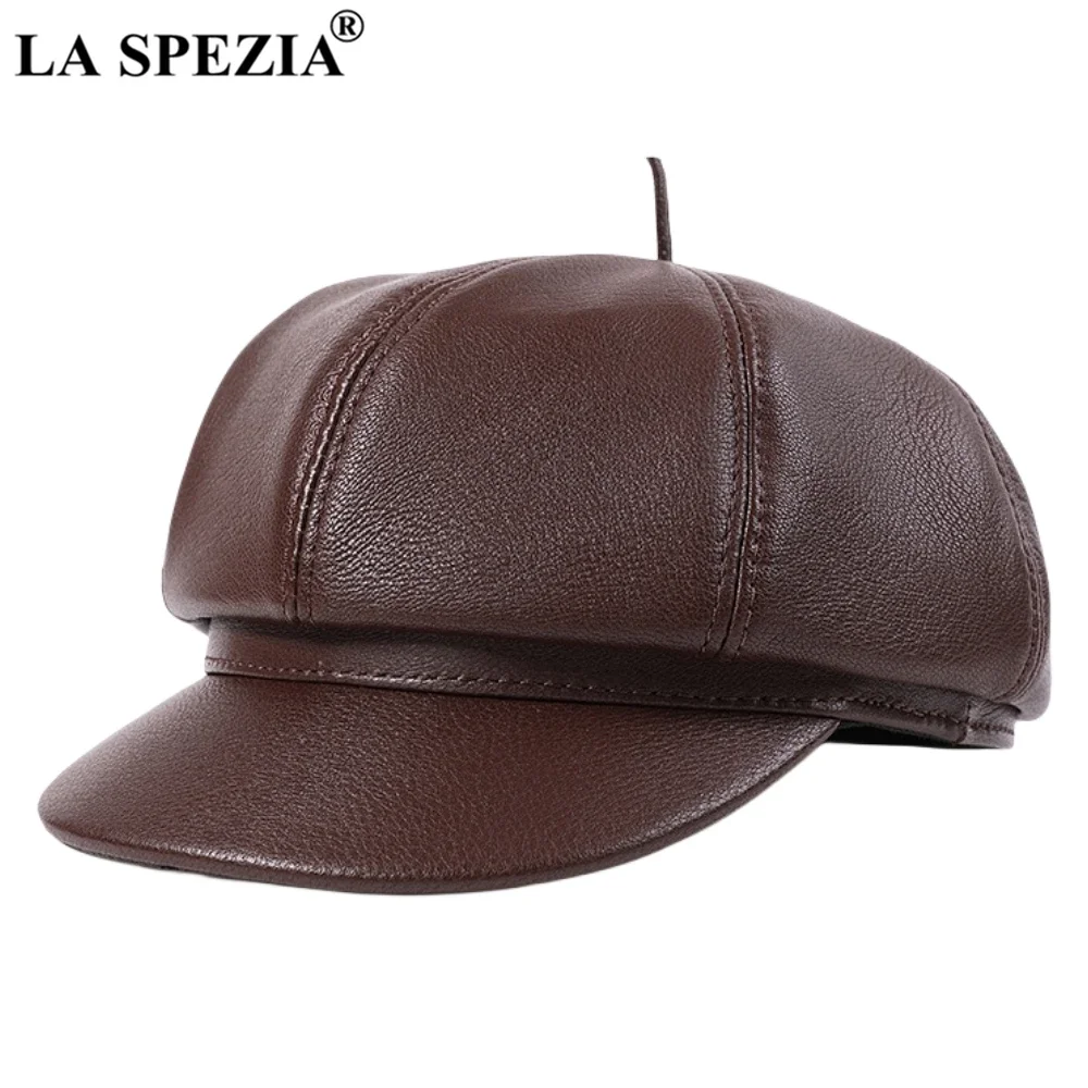 

LA SPEZIA Newsboy Cap Men Real Leather Octagonal Brim Hat Goatskin Winter Outdoor Luxury Man Baker Boy Beret Black Brown Red