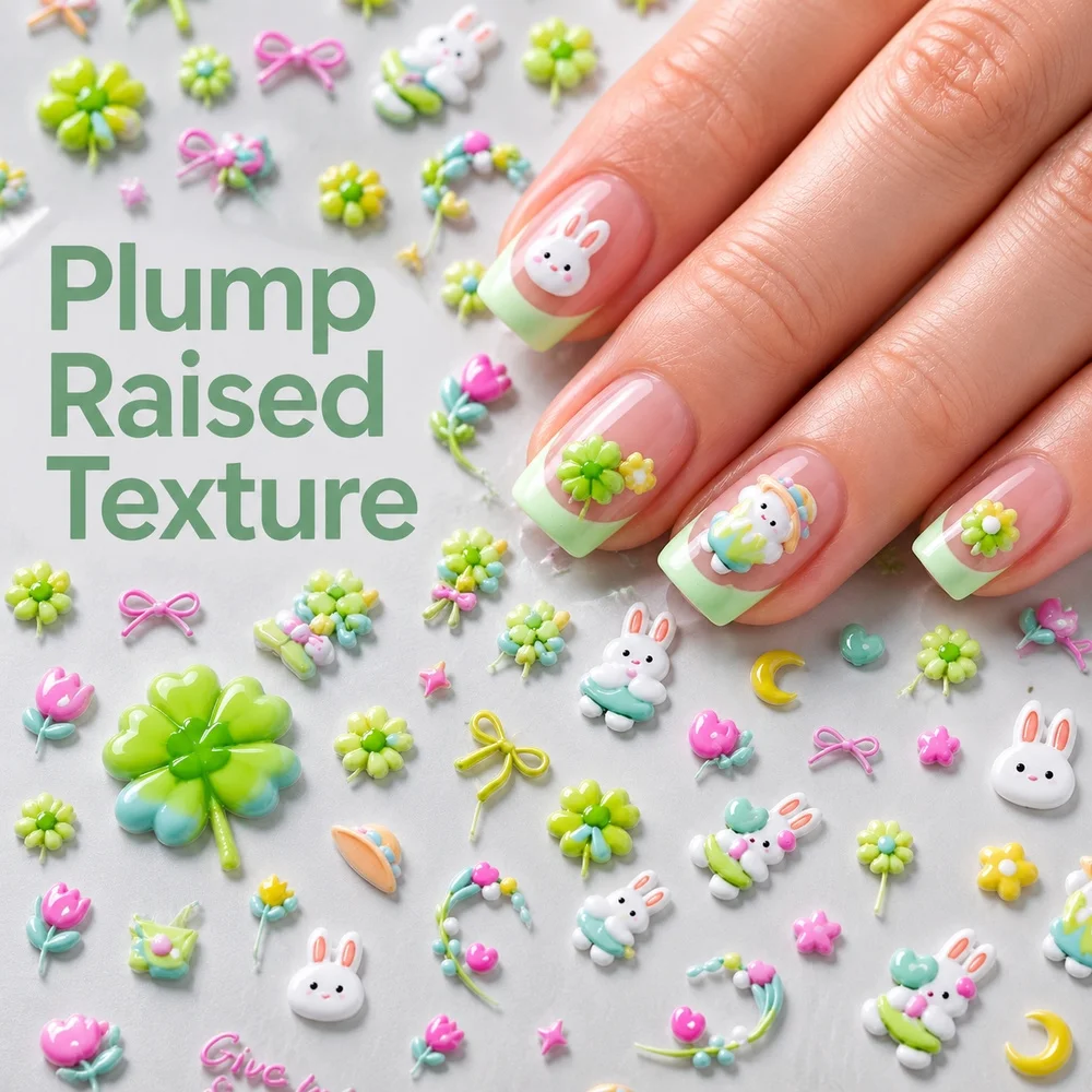 1Pc Coquette Cute Bunny Nail Decals Embossed Lucky Clover Hat Rabbit Bow Moon Waterproof Single Sheet Nail Salon Supplies
