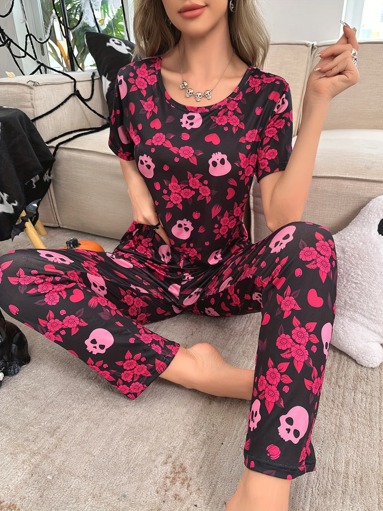 Ladies Halloween pajamas pullover suit full of milk silk printed household clothes long-sleeved trousers
