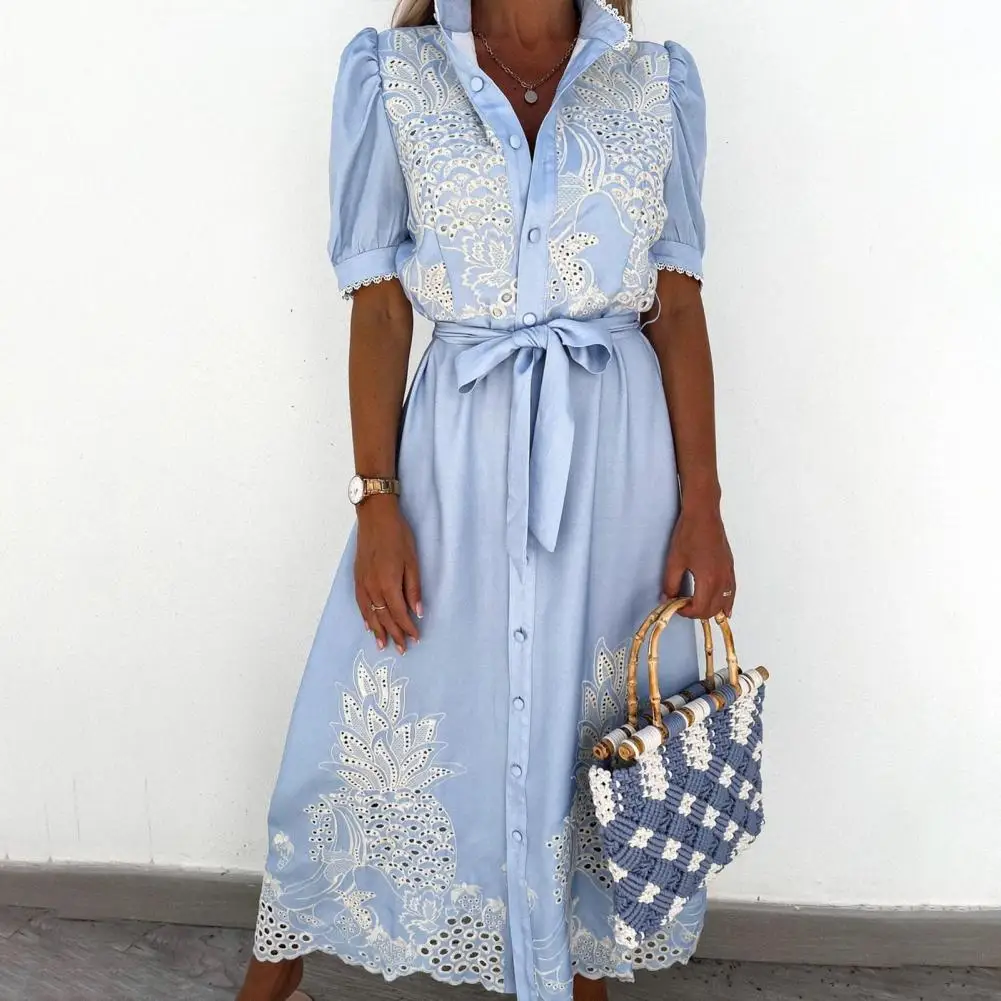 Stylish Maxi Dress Large Hem Summer Short Sleeve Single-breasted Hollow Out Shirt Dress  Fashion Women Dress for Office