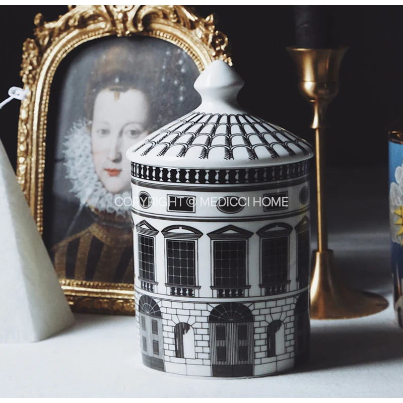 Medicci Home Ancient Roman Architecture Theme Storage Jar Luxe Ceramic Incense Black And White Candlestick Hotel Office Ornament