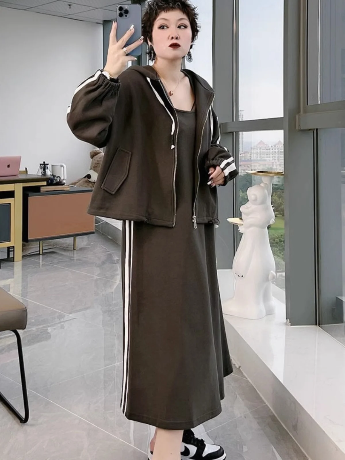 

plus Size Spor Sle Spring Autumn Outfit Vest Skirt Set Big Dot Pattern Zipper Closure Long Sve Hooded Polyester Blend