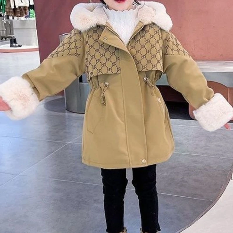 Girls Down Down Coat Jacket Cotton Outerwear Windbreak 2023 Khaki Thicken Velvet Winter Warm Snowsuit Children\'s Clothing