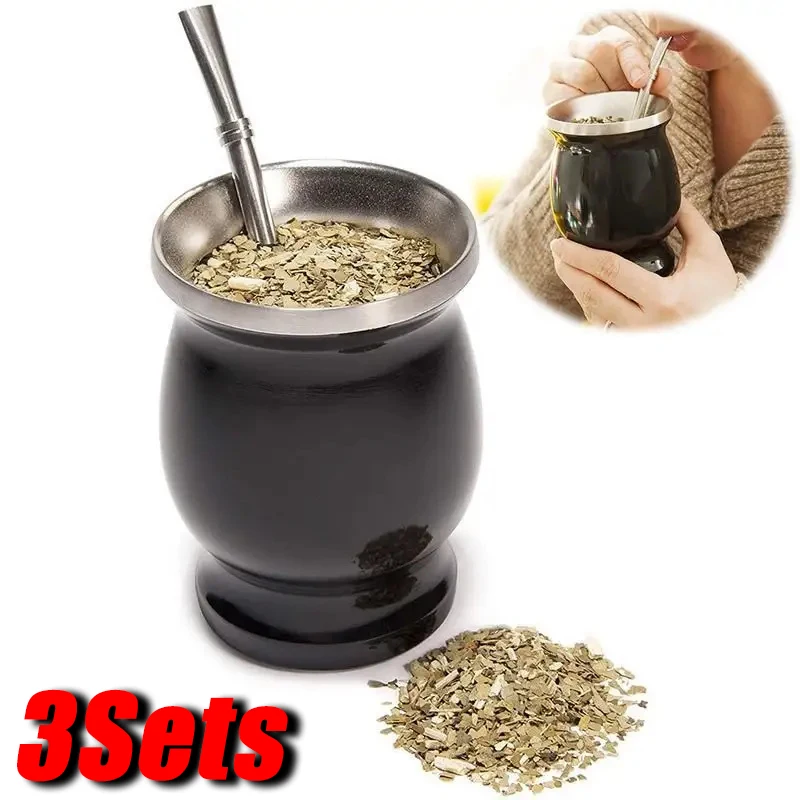 3Sets 230ML Bombilla Set Yerba Mate Gourd Double Stainless Steel Tea Cup with One Spoon and Brush Heat Insulation Anti Scalding