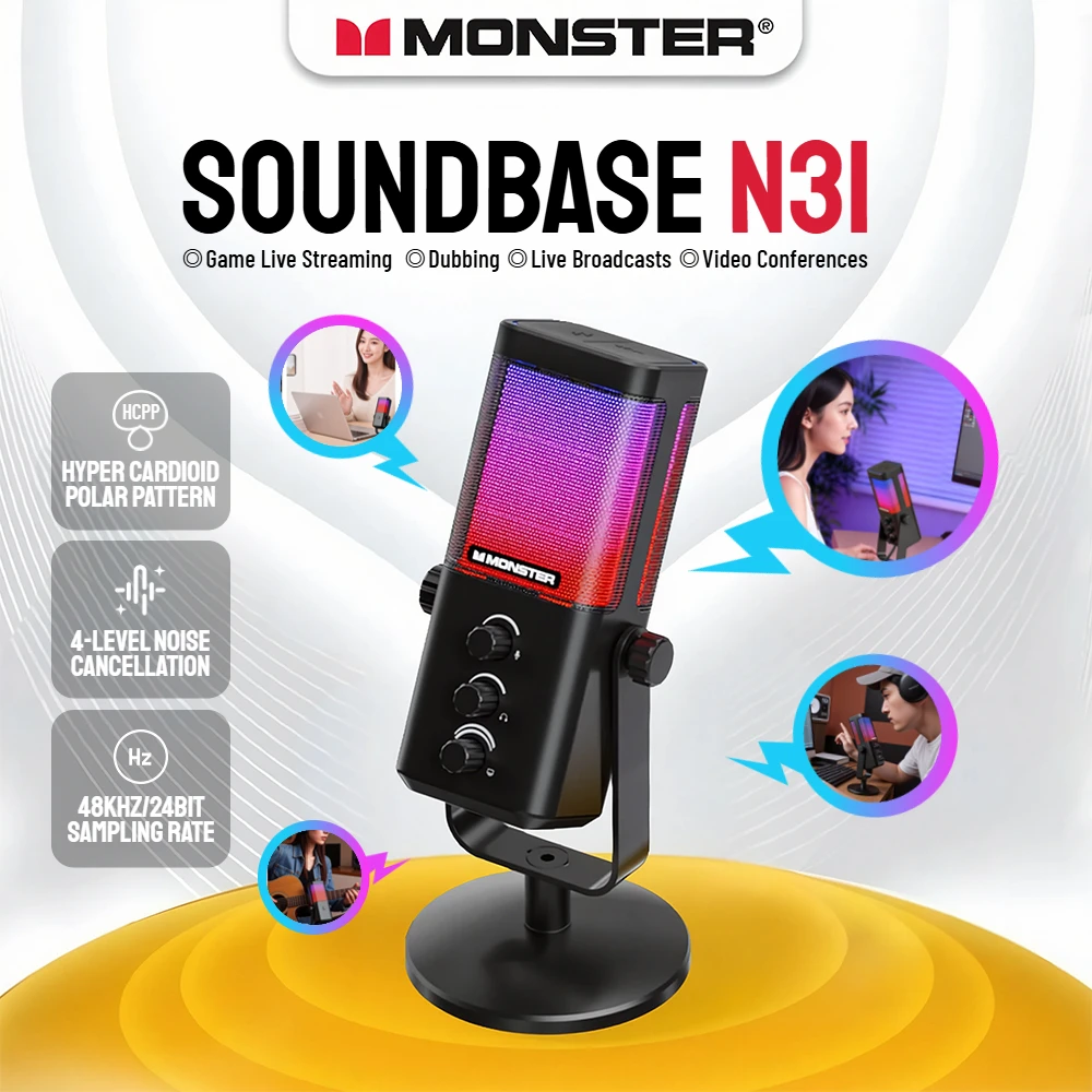 Monster Soundbase N31 Microphone de jeu USB, micro à condensateur hypercardioïde avec bouton muet pour la doublage de diffusion en direct de jeu
