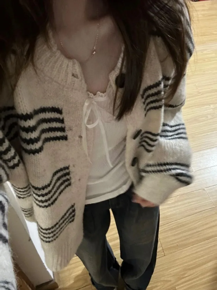 Patchwork Contrast Color Striped Knitted Cardigans Women Y2k Aesthetic Single Breasted Coats New Streetwear Casual Loose Sweater