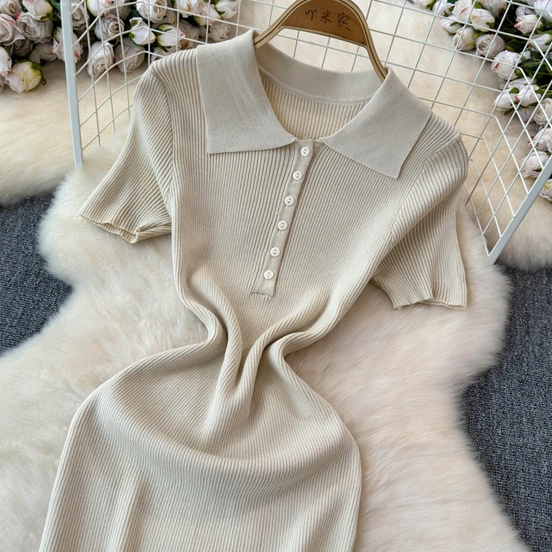 Summer Polo Collar Slim Fit Medium Length Dress Sexy Tight Fitting Hip Hugging Mini Dress Knitted Dress for women