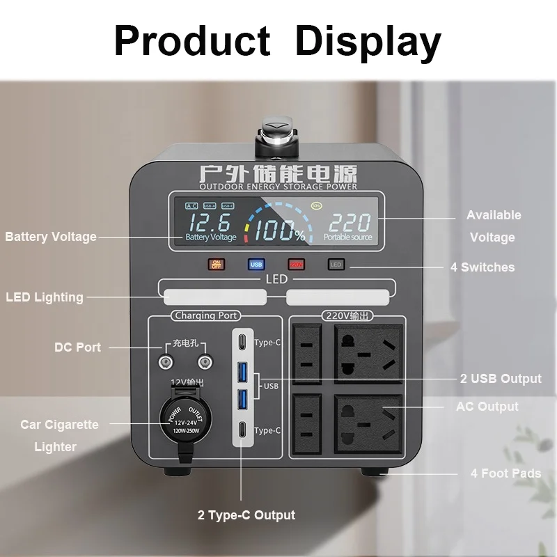 For 2000w 2400w Portable Power Station For Emergency Dc Solar Generator Outdoor And Home Power Bank With Floodlight Camping