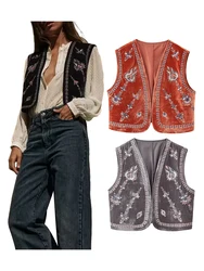 Women’s Embroidered Vest Tops Vintage Retro Classic Sleeveless Open Front Cardigan Velvet Vests Spring Fall Outwear Streetwear